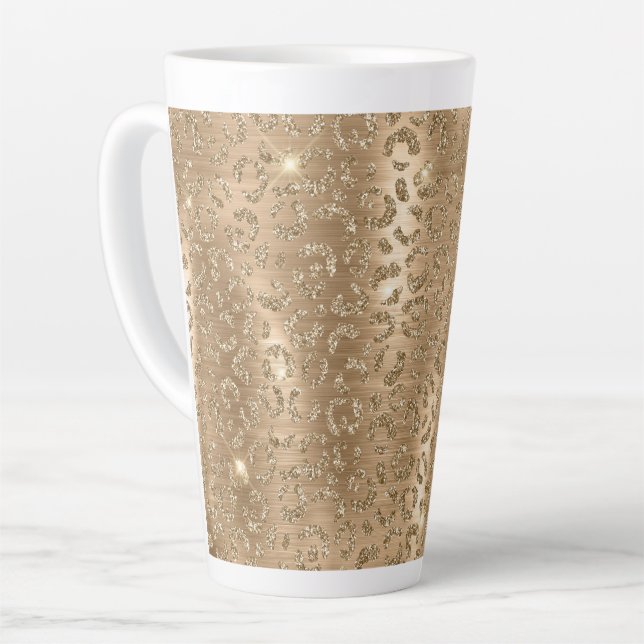 Gold Glam Glitter Leopard Print Latte Mug (Left Angle)