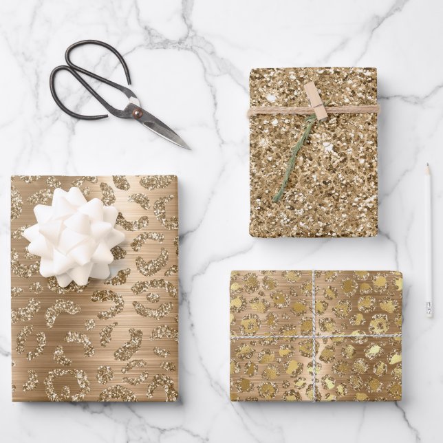 Gold Glam Glitter Leopard Print Wrapping Paper Sheets (Front)