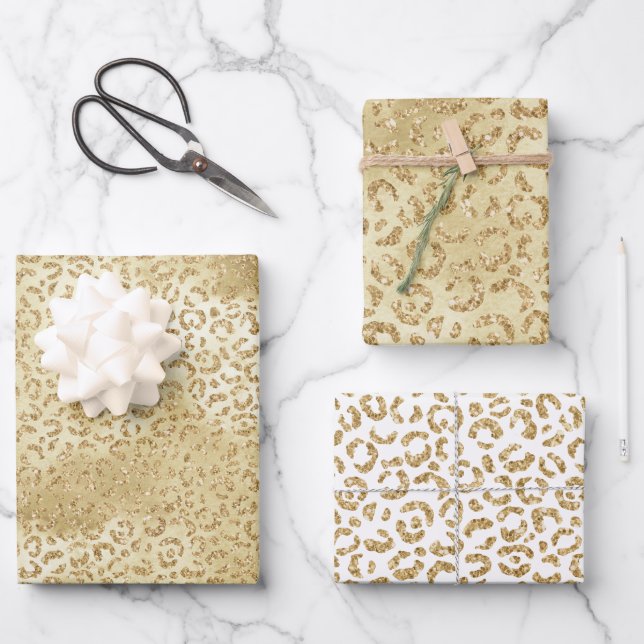 Gold Glam Glitter Leopard Print         Wrapping Paper Sheets (Front)