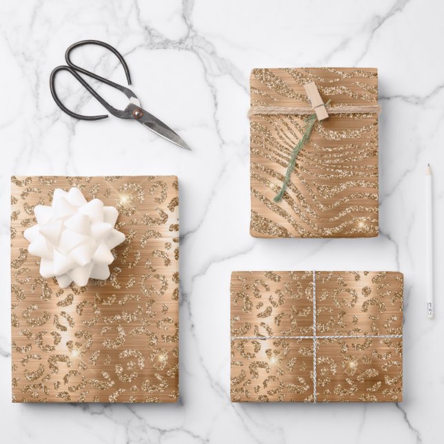 Gold Glam Glitter Leopard Print Wrapping Paper Sheets (Front)