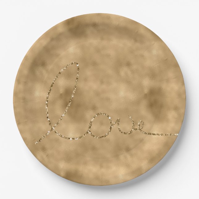 Gold Glam Glitter Love Paper Plates (Front)