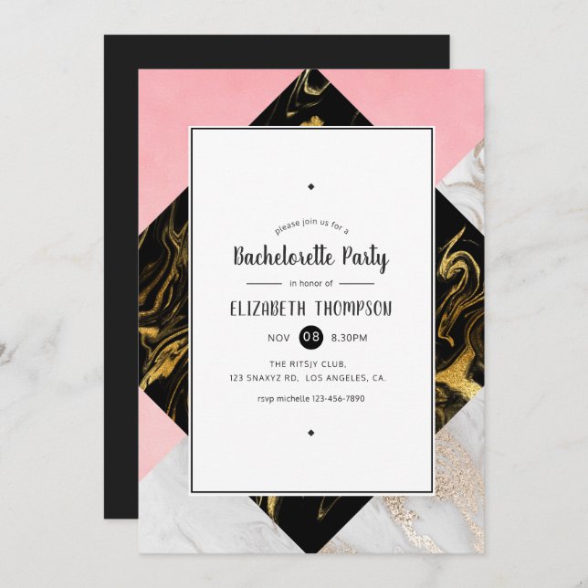 Gold Glam Glitter Marble Bachelorette Party Invitation (Front/Back)