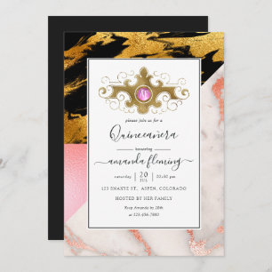 Gold Glam Glitter Marble Monogram Quinceañera Invitation