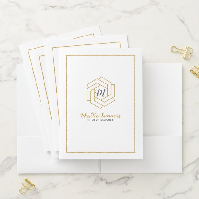 Gold Glam Glitter Minimalistic Geometric Logo Pocket Folder (In Situ)