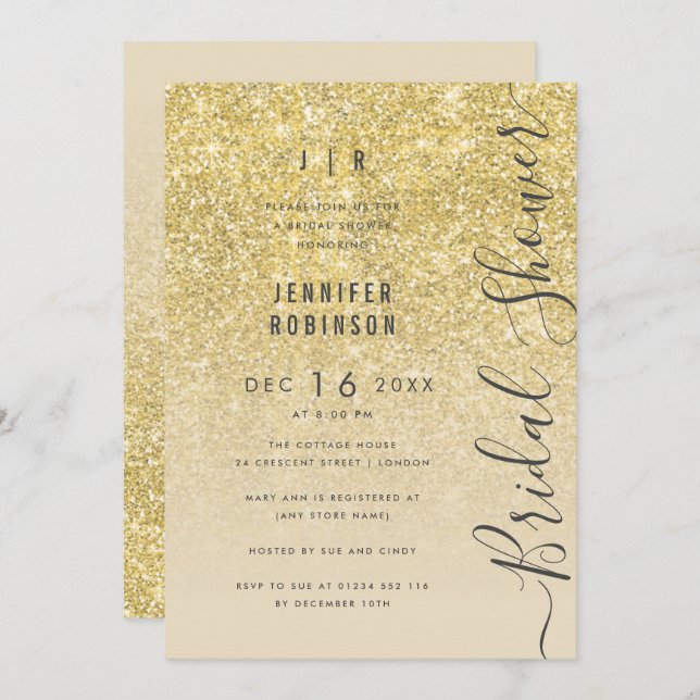 Gold Glam Glitter Script Bridal Shower  Invitation (Front/Back)