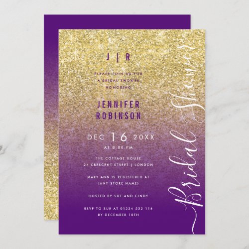 Gold Glam Glitter Script Bridal Shower Purple  Invitation