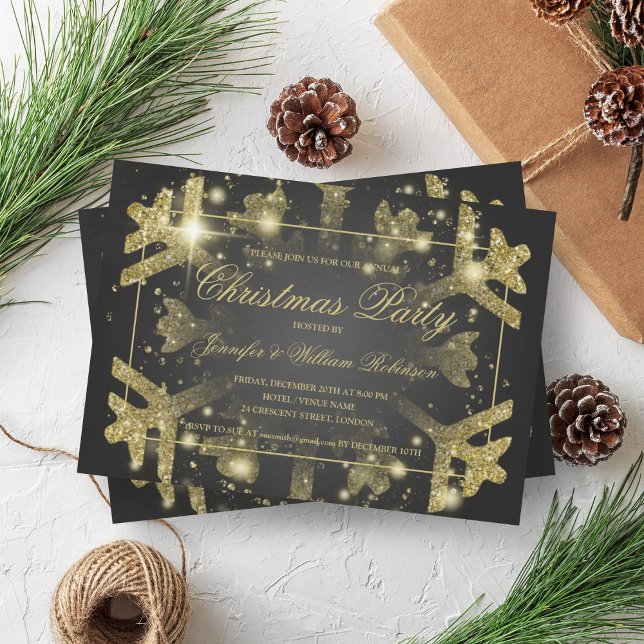 Gold Glam Glitter Snowflake Xmas Holiday Black Invitation (Gold Glam Glitter Snowflake Xmas Holiday Black Invitation)