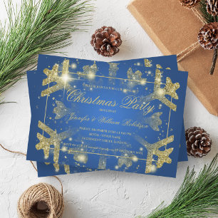 Gold Glam Glitter Snowflake Xmas Holiday Blue Invitation