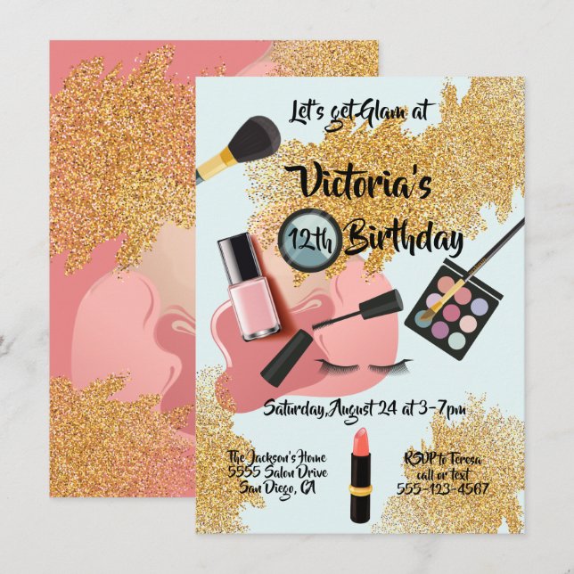Gold Glam glitter Spa Birthday party Invitations (Front/Back)
