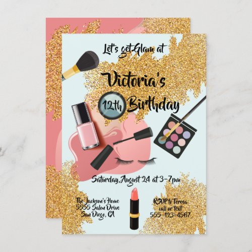 Gold Glam glitter Spa Birthday party Invitations