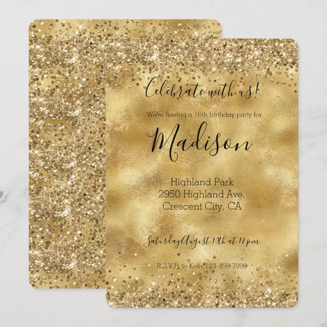 Gold Glam Glitter Sparkle Confetti   Invitation (Front/Back)