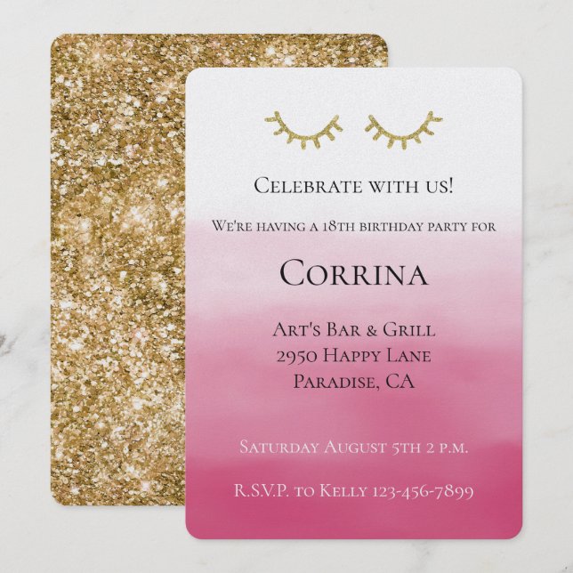 Gold Glam Glitter Stripes Birthday Invitation (Front/Back)