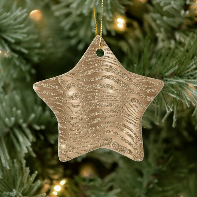Gold Glam Glitter Zebra Print Ceramic Ornament (Tree)