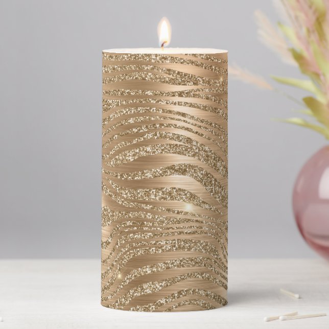 Gold Glam Glitter Zebra Print Pillar Candle (In Situ)