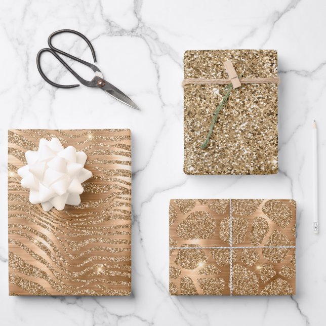 Gold Glam Glitter Zebra Print Wrapping Paper Sheets (Front)