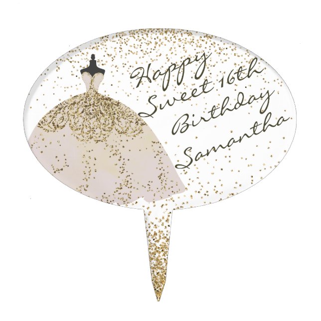 Gold Glam Glittery Sparky Drips Sweet 16 Birthday Cake Topper (Front)