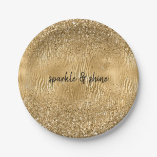 Gold Glam Glitz Zebra Print Faux Glitter Paper Plates