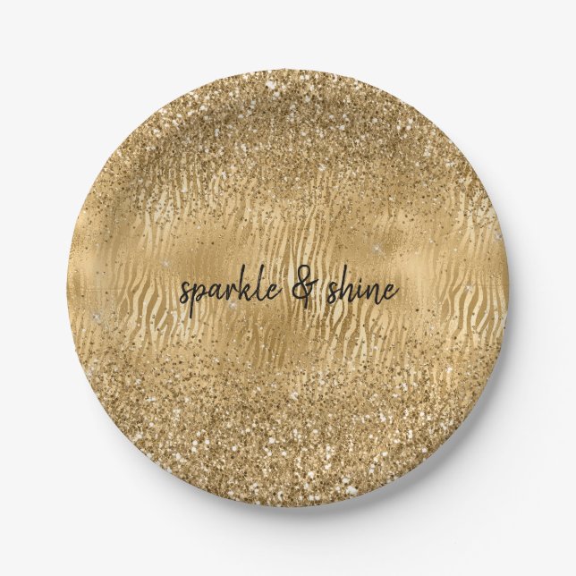 Gold Glam Glitz Zebra Print Faux Glitter Paper Plates (Front)