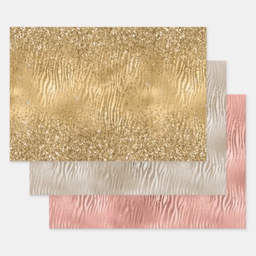 Gold Glam Glitz Zebra Print Faux Glitter Wrapping Paper Sheets