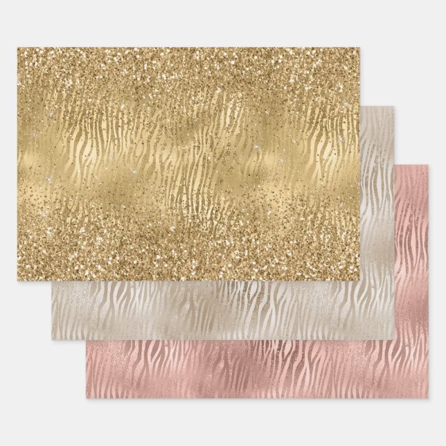 Gold Glam Glitz Zebra Print Faux Glitter Wrapping Paper Sheets (Set)