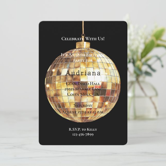 Gold Glam Glitzy Disco Ball Birthday Invitation (Standing Front)