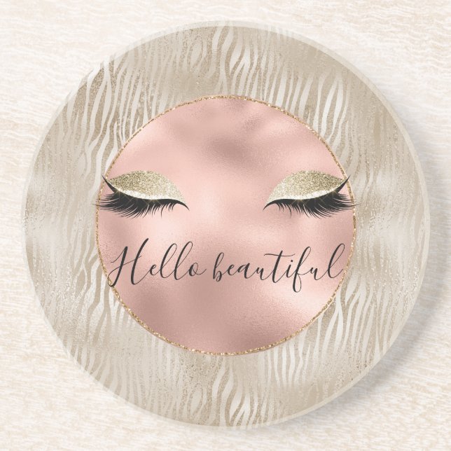 Gold Glam Glitzy Eyelashes Zebra Print Coaster (Front)