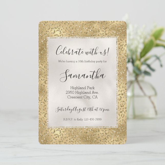Gold Glam Glitzy Glitter Leopard Print Invitation (Standing Front)