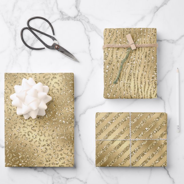 Gold Glam Glitzy Glitter Leopard Print     Wrapping Paper Sheets (Front)