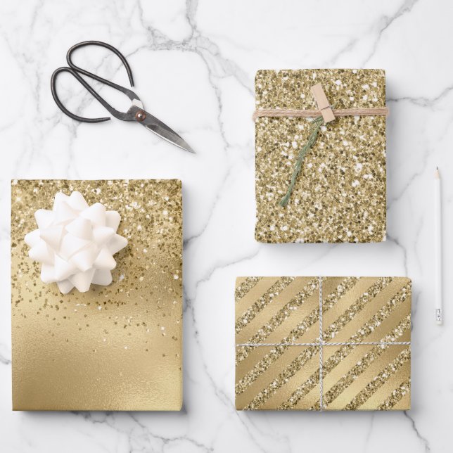 Gold Glam Glitzy Glitter Sparkle   Wrapping Paper Sheets (Front)