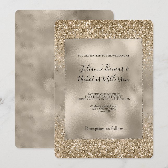 Gold Glam Glitzy Glitter Wedding Invitation (Front/Back)