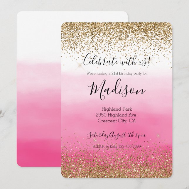 Gold Glam Glitzy Sparkle Glitter Pink Ombre Invitation (Front/Back)