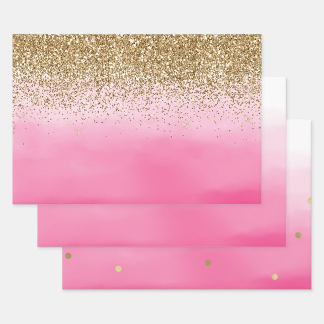 Gold Glam Glitzy Sparkle Glitter Pink Ombre Wrapping Paper Sheets (Set)
