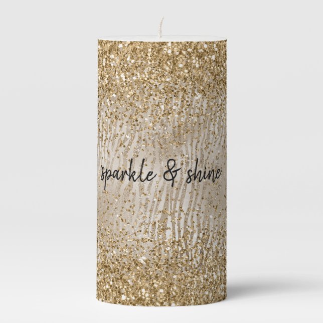 Gold Glam Glitzy Zebra Print Glitter Pillar Candle (Front)