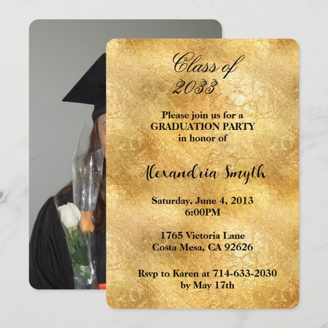 Gold Glam Graduation Your Photo Invitation (Front/Back)