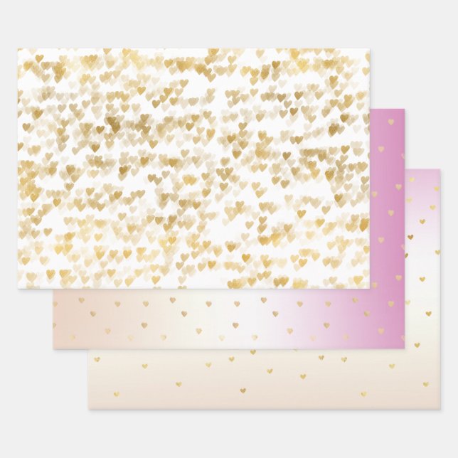 Gold Glam Hearts Confetti Ombre Wrapping Paper Sheets (Set)