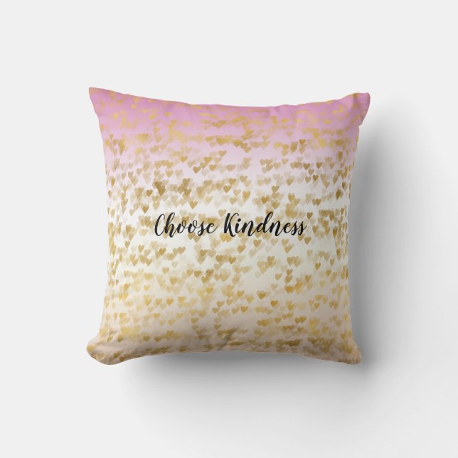 Gold Glam Hearts Confetti Pink Peach Ombre Throw Pillow (Front)