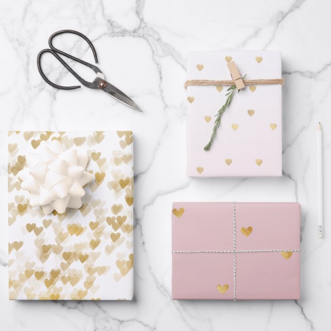 Gold Glam Hearts Confetti Variety Wrapping Paper Sheets (Front)