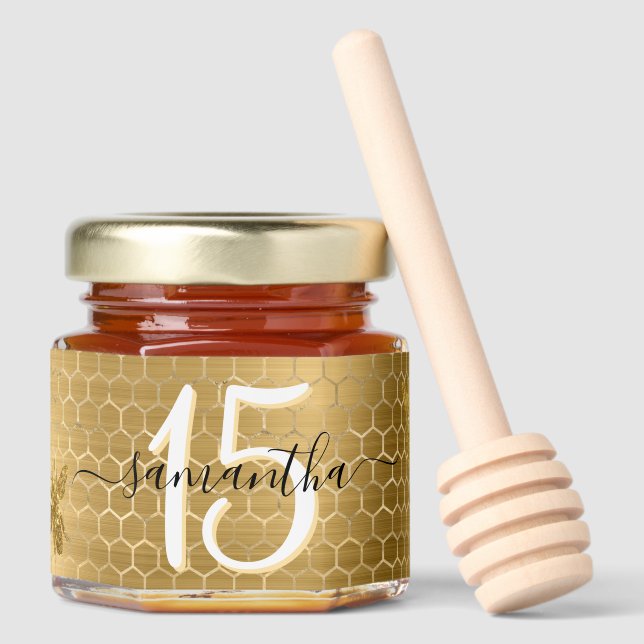 Gold Glam Honeycomb 15th Birthday Honey Jar Favors (Front)