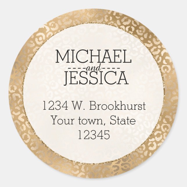 Gold Glam Leopard Print Personalized Address Classic Round Sticker (Front)