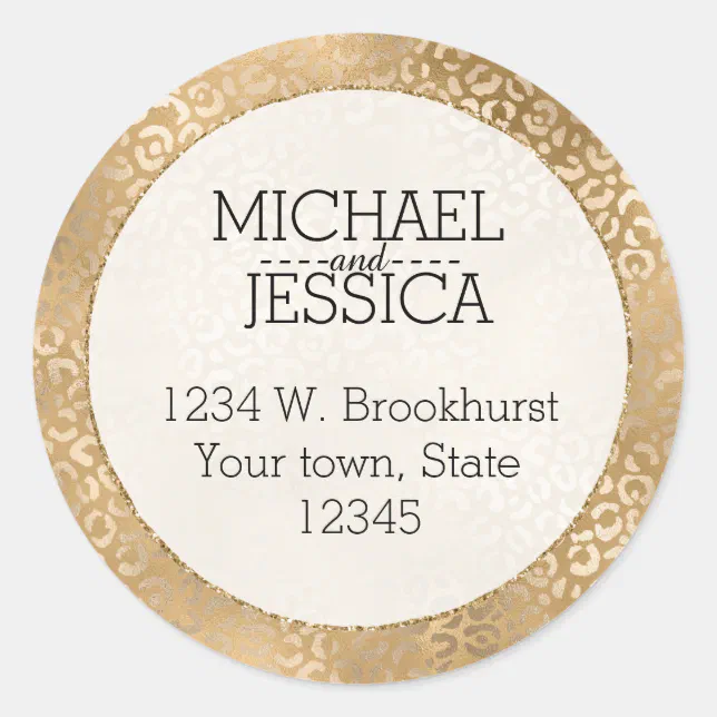 Gold Glam Leopard Print Personalized Address Classic Round Sticker | Zazzle