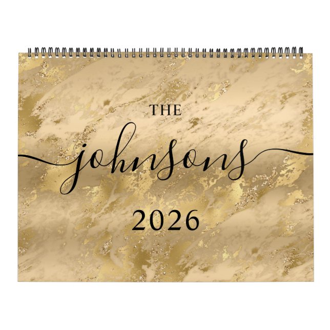 Gold Glam Marble Modern Script Name Photo Calendar (Cover)