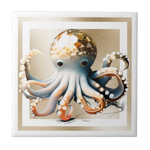 Gold glam octopus decorative beach ocean theme  ceramic tile