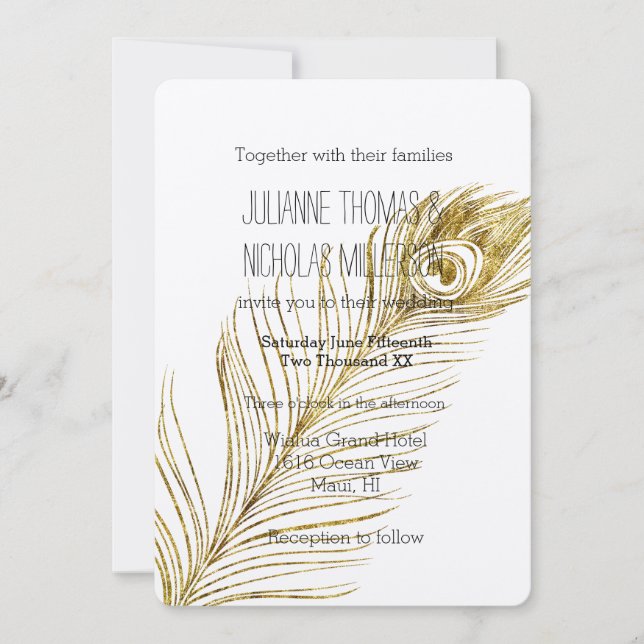 Gold Glam Peacock Feather Wedding Invitation (Front)