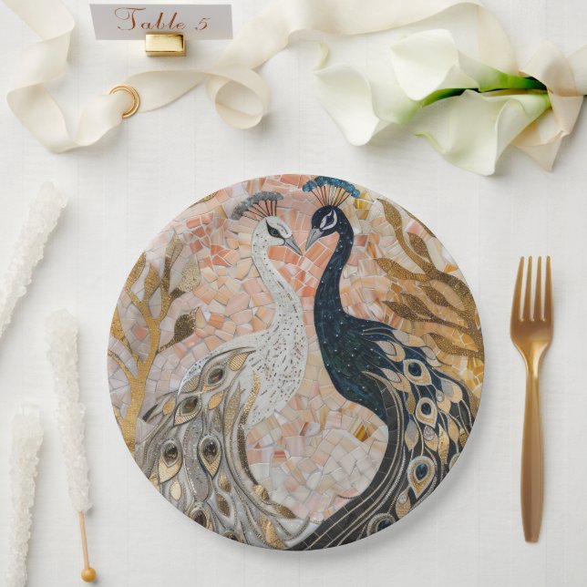 Gold Glam Peacocks Wedding Paper Plates (Wedding)