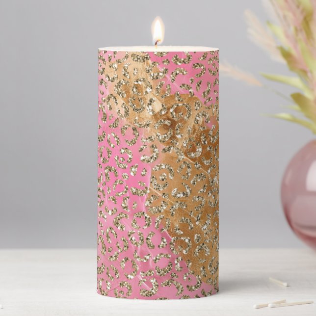 Gold Glam Pink Glitter Gold Leopard Print     Pillar Candle (In Situ)