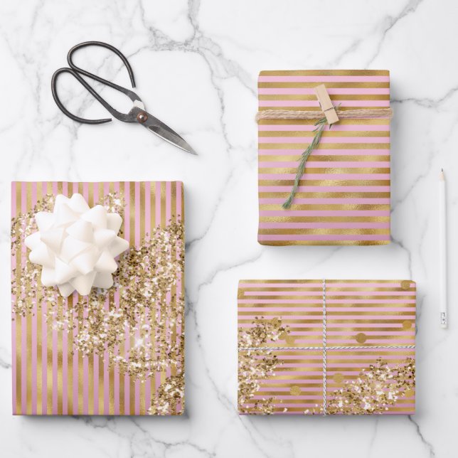 Gold Glam Pink Stripes Glitter Confetti Wrapping Paper Sheets (Front)