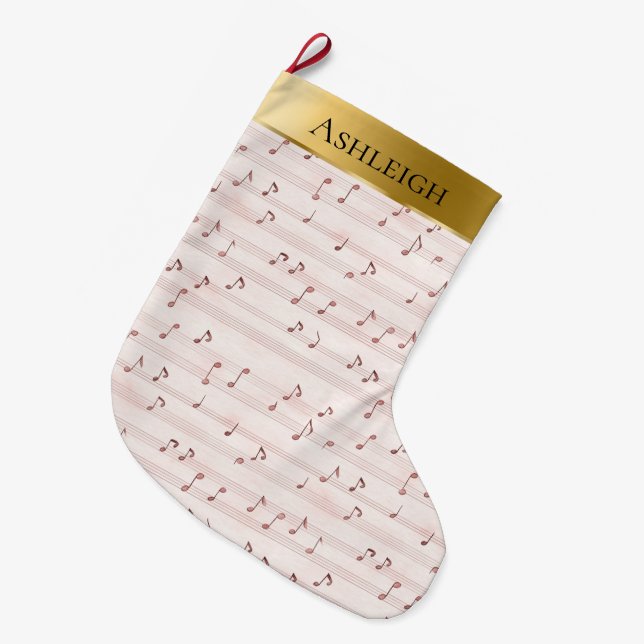 Gold Glam Pretty Chic Pink Music Notes Christmas  Large Christmas Stocking (Front (Hanging))