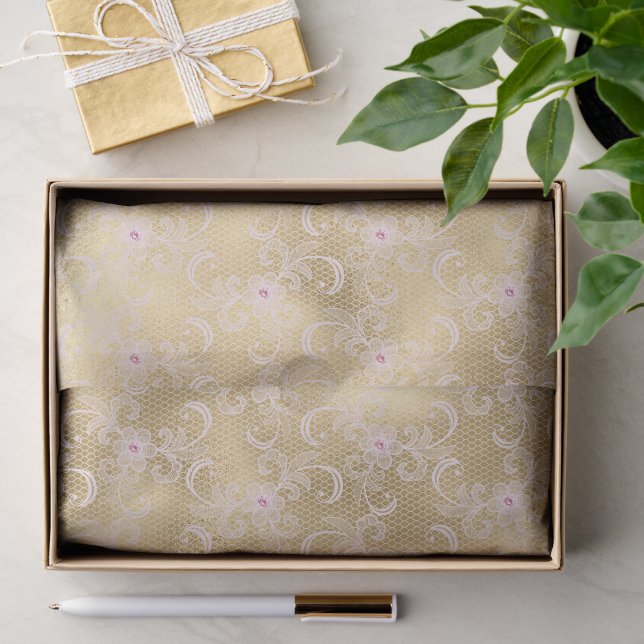 Gold Glam Pretty Pink Floral Lace Bridal Shower Tissue Paper (Gift)