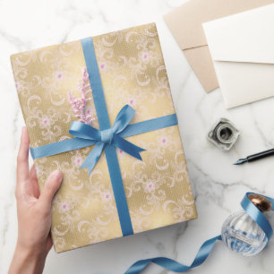 Gold Glam Pretty Pink Floral Lace Bridal Shower Wrapping Paper