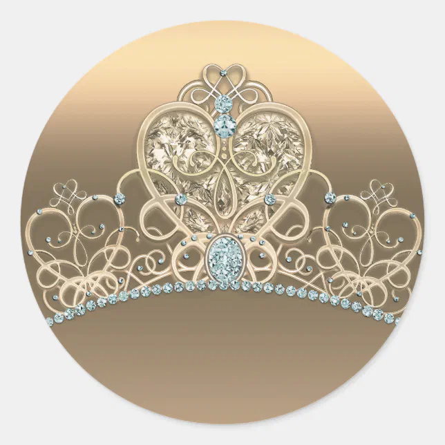 Gold Glam Princess Heart Tiara Birthday Party Classic Round Sticker ...